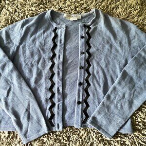 Vintage Carolina Herrera cashmere cardigan - perIwinkle blue with black zig zags